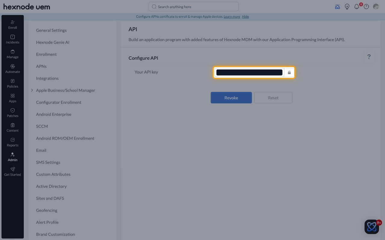 Hexnode API settings page with the Your API key field highlighted under Configure API