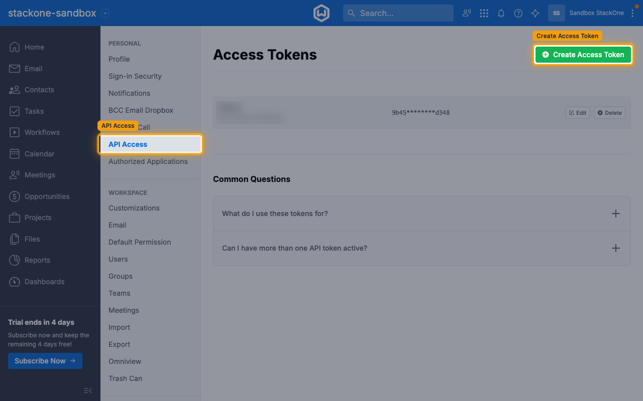 The Access Tokens page with API Access and Create Access Token highlighted