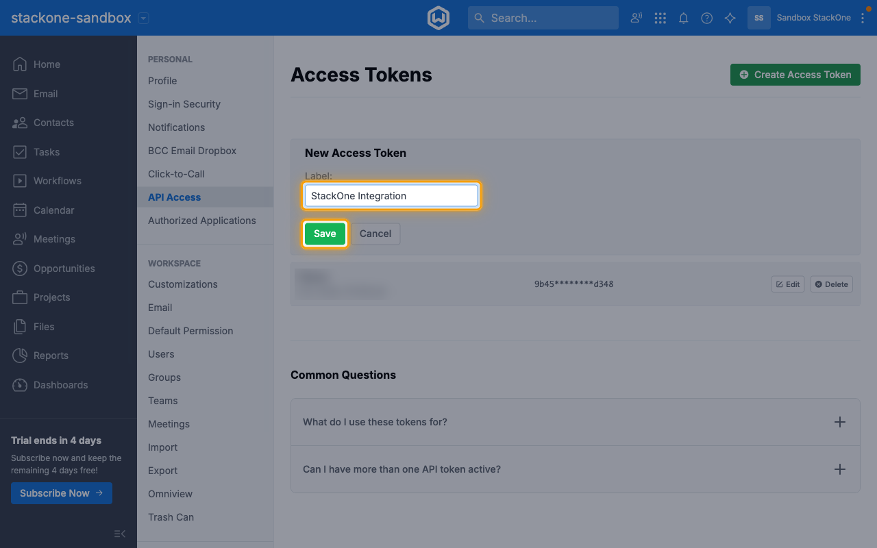 The New Access Token form with the Label field and Save button highlighted