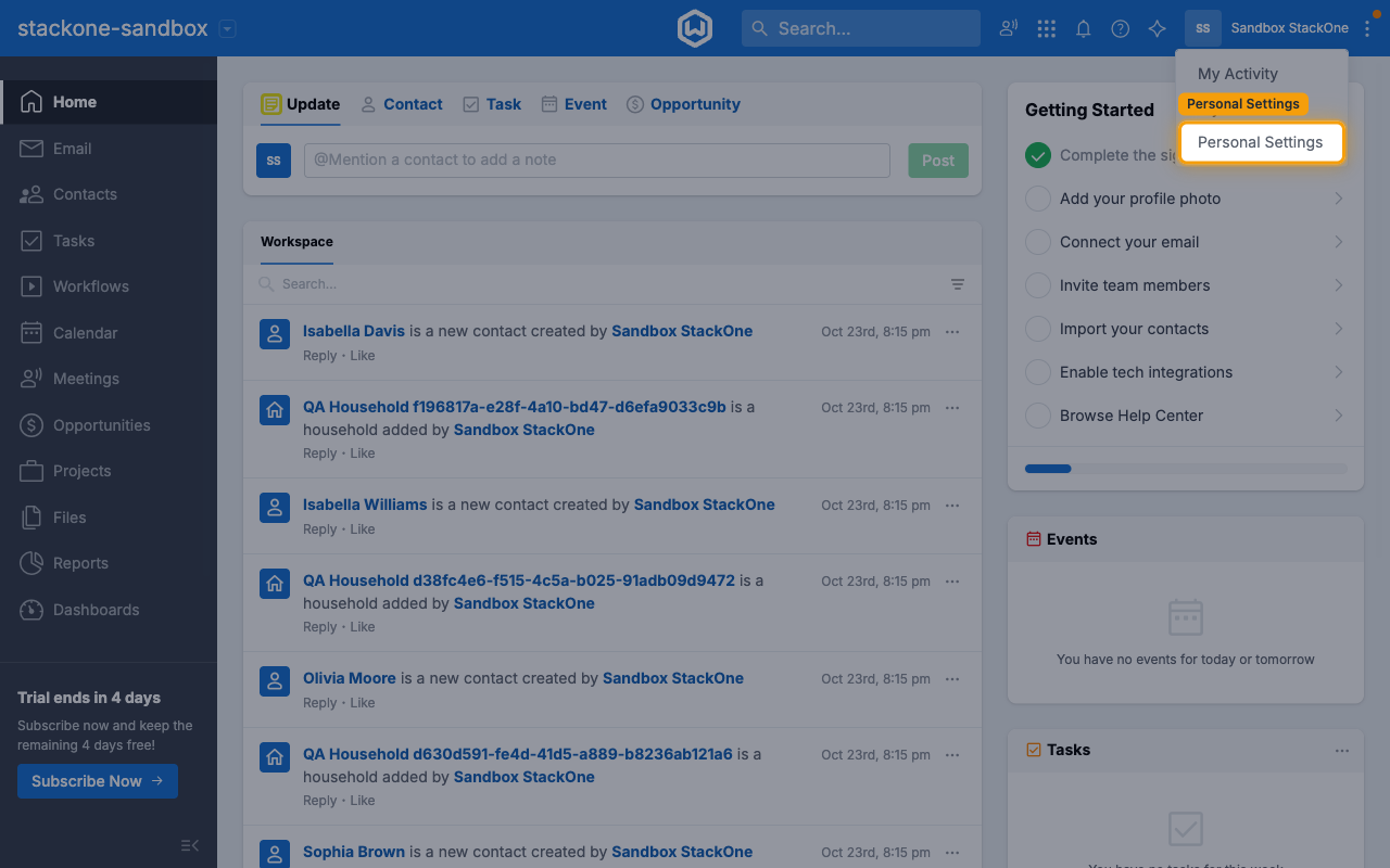 The Wealthbox user menu with Personal Settings highlighted