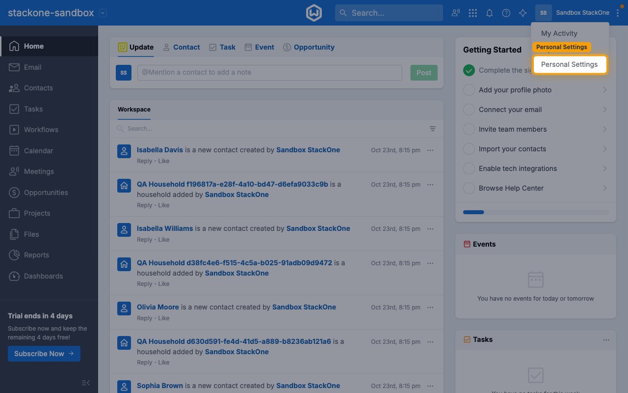 The Wealthbox user menu with Personal Settings highlighted