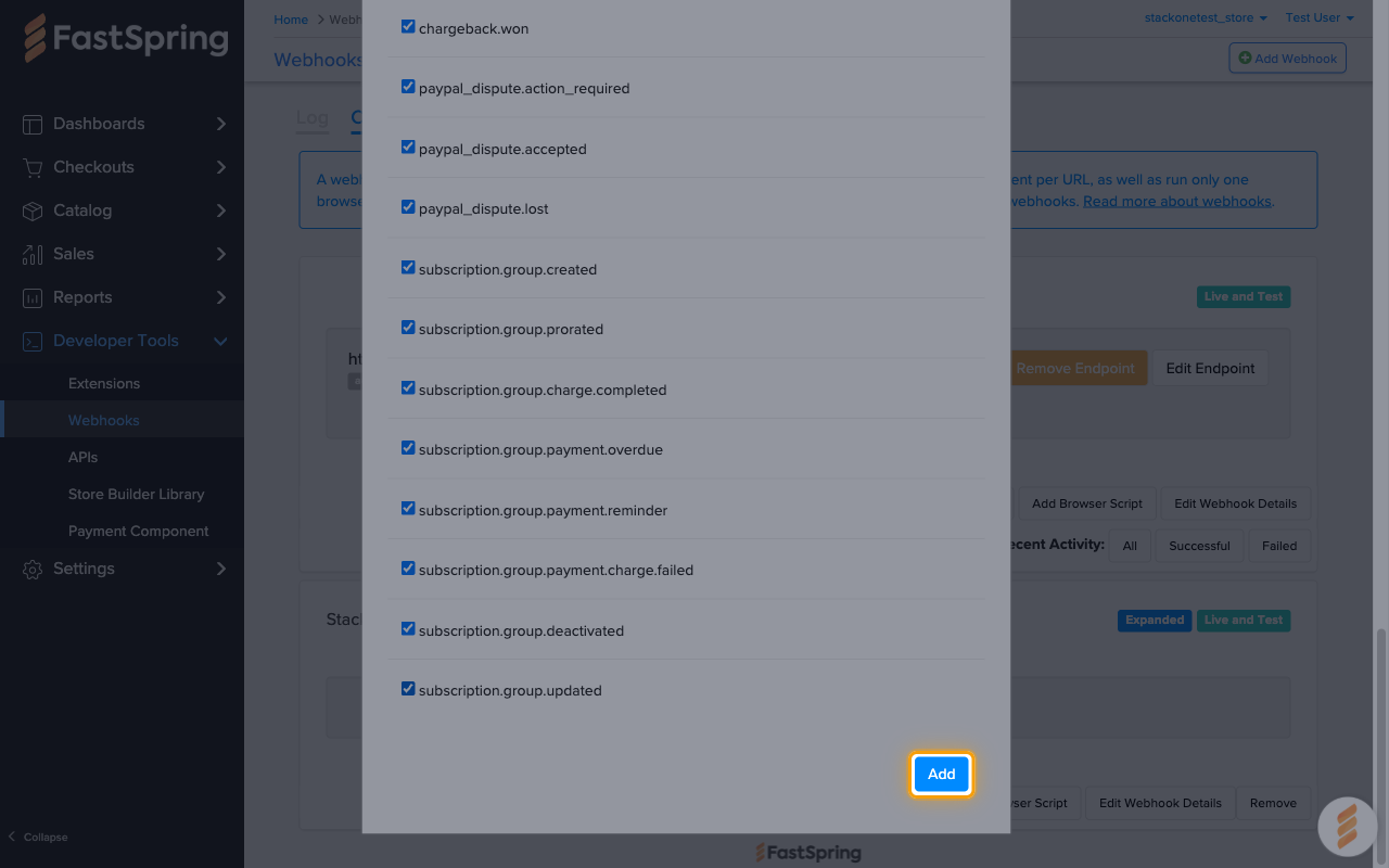 The bottom of the Add Webhook URL Endpoint dialog with the Add button highlighted