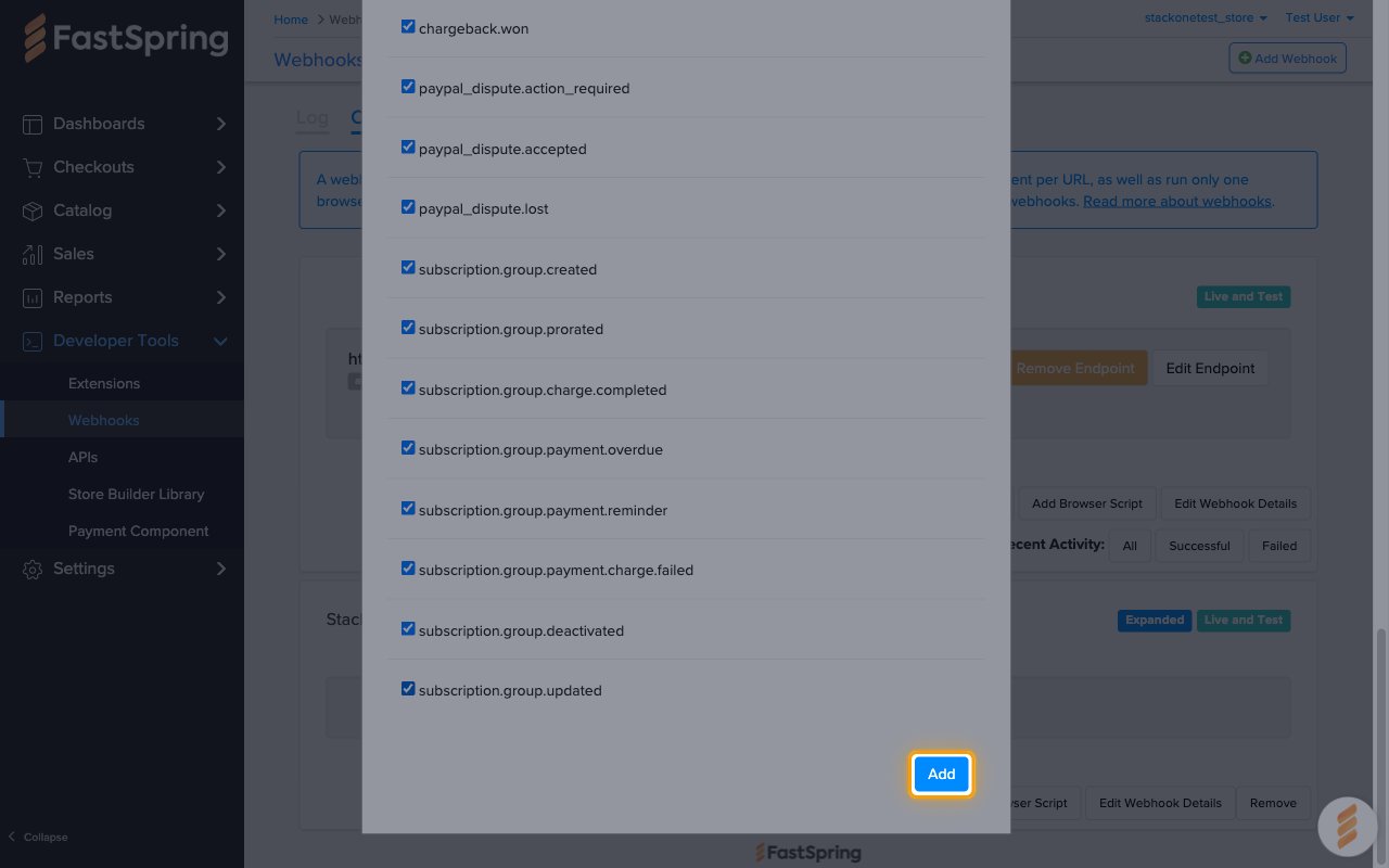 The bottom of the Add Webhook URL Endpoint dialog with the Add button highlighted