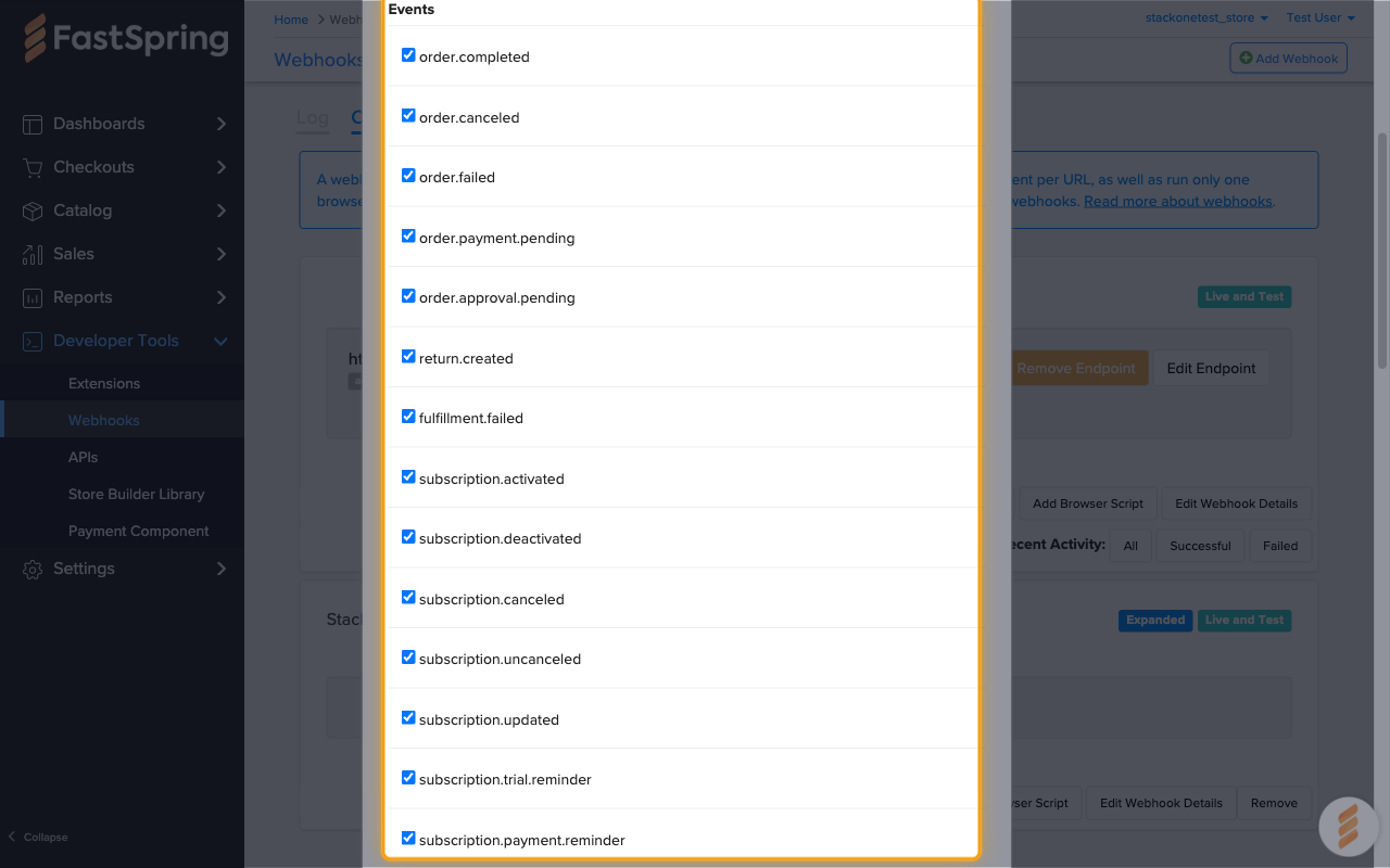 The Events list in the Add Webhook URL Endpoint dialog with events ticked