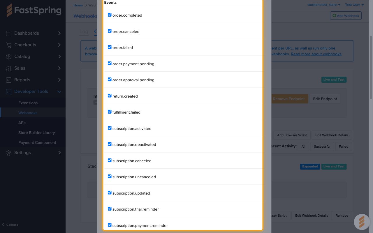 The Events list in the Add Webhook URL Endpoint dialog with events ticked