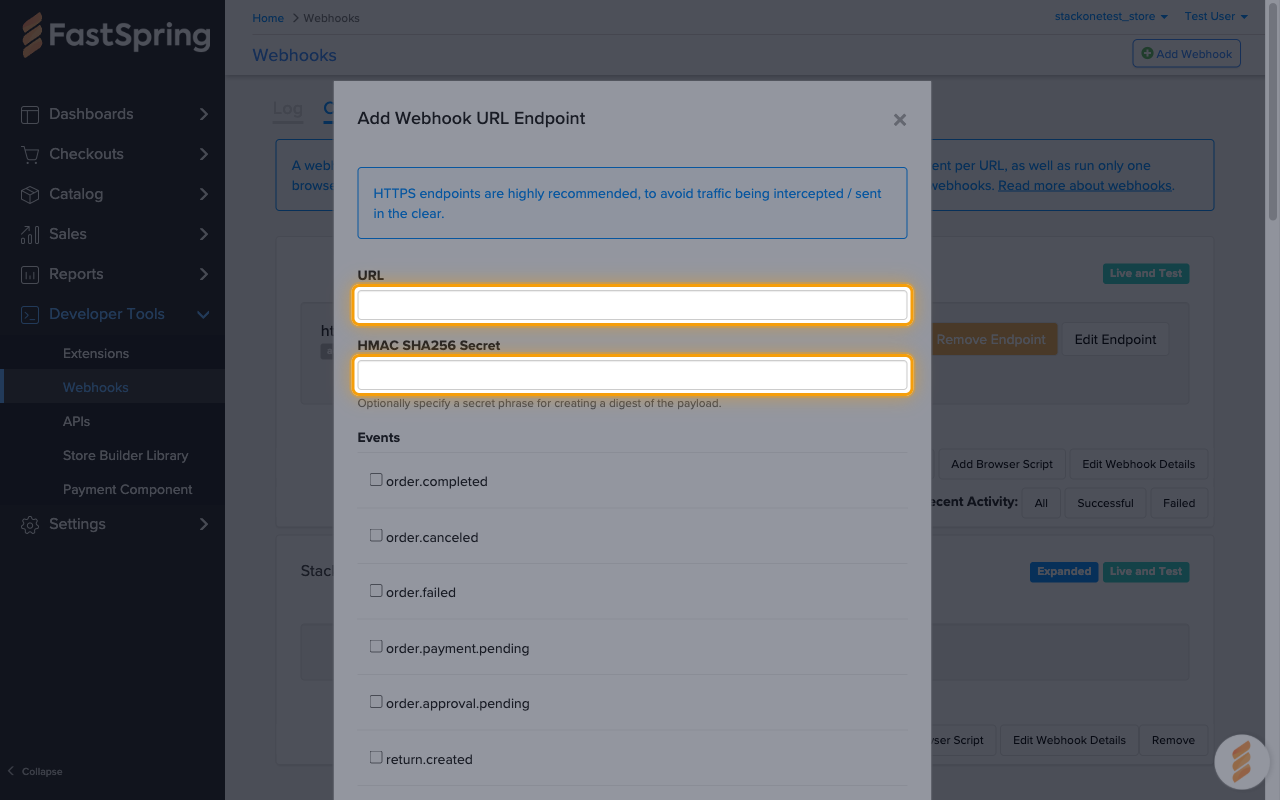 The Add Webhook URL Endpoint dialog with the URL and HMAC SHA256 Secret fields highlighted