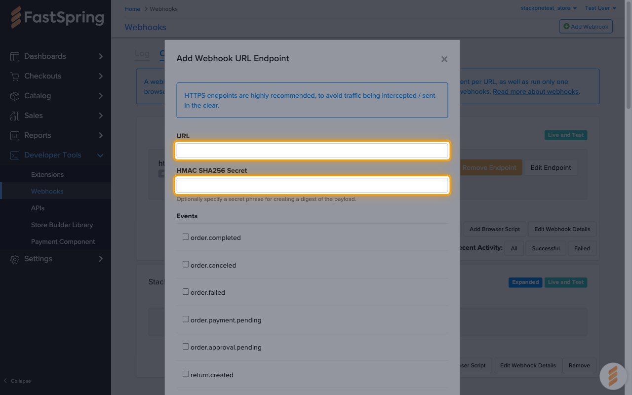 The Add Webhook URL Endpoint dialog with the URL and HMAC SHA256 Secret fields highlighted