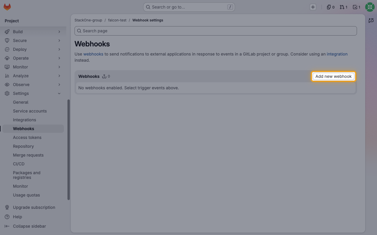The GitLab Webhooks page with the Add new webhook button highlighted