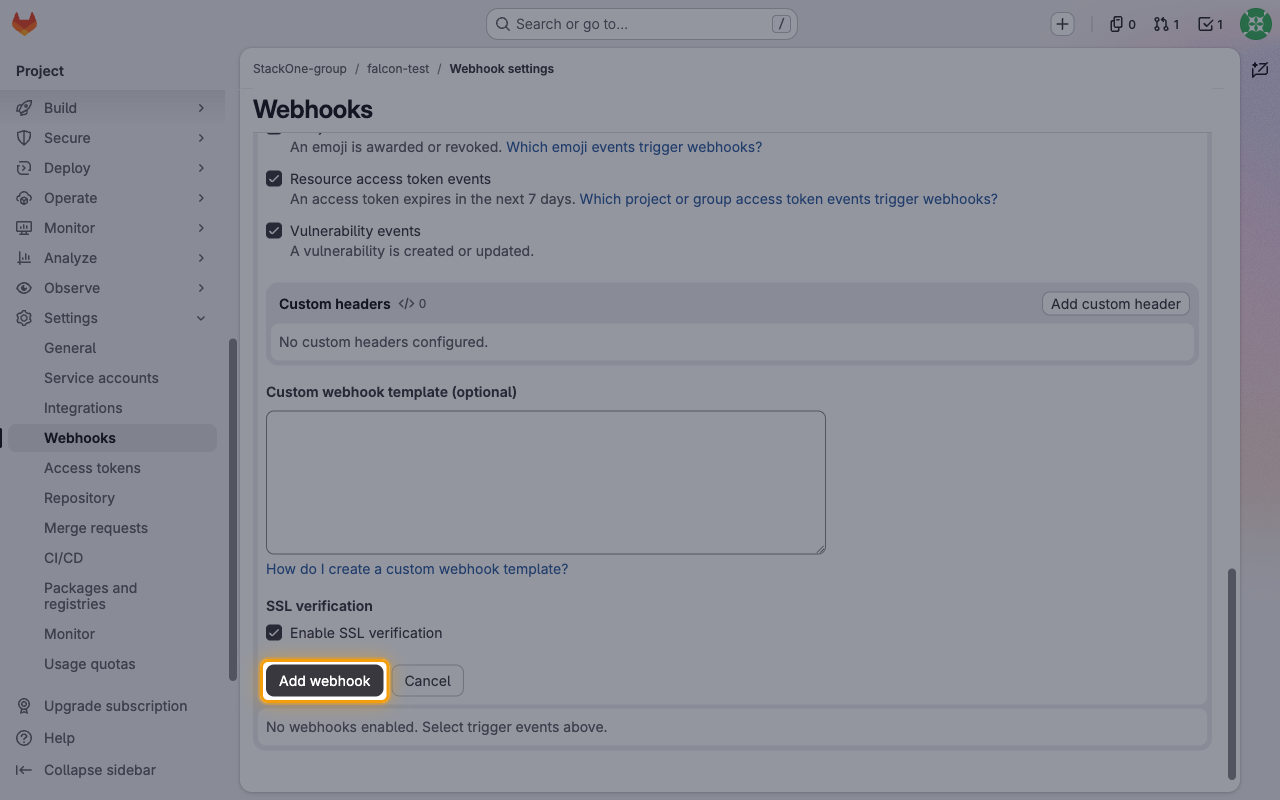 The bottom of the webhook form with the Add webhook button highlighted