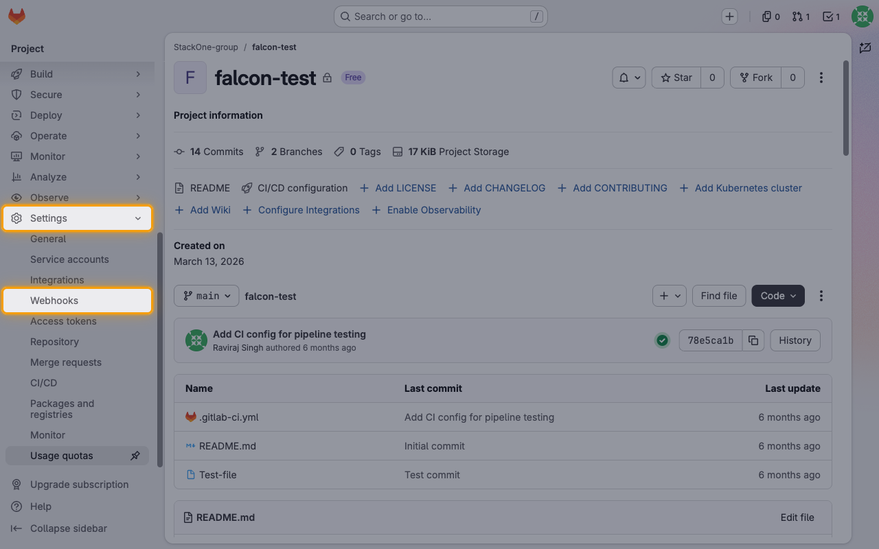 The GitLab project sidebar with Settings expanded and Webhooks highlighted
