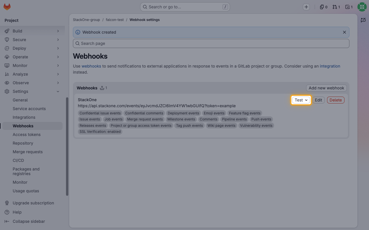 The GitLab webhook list showing the new StackOne webhook with the Test menu highlighted