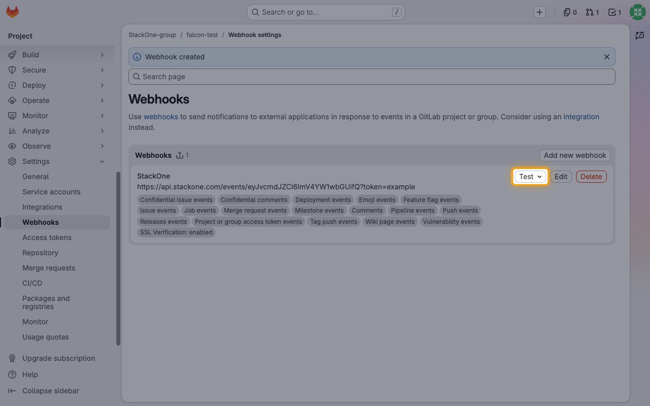 The GitLab webhook list showing the new StackOne webhook with the Test menu highlighted