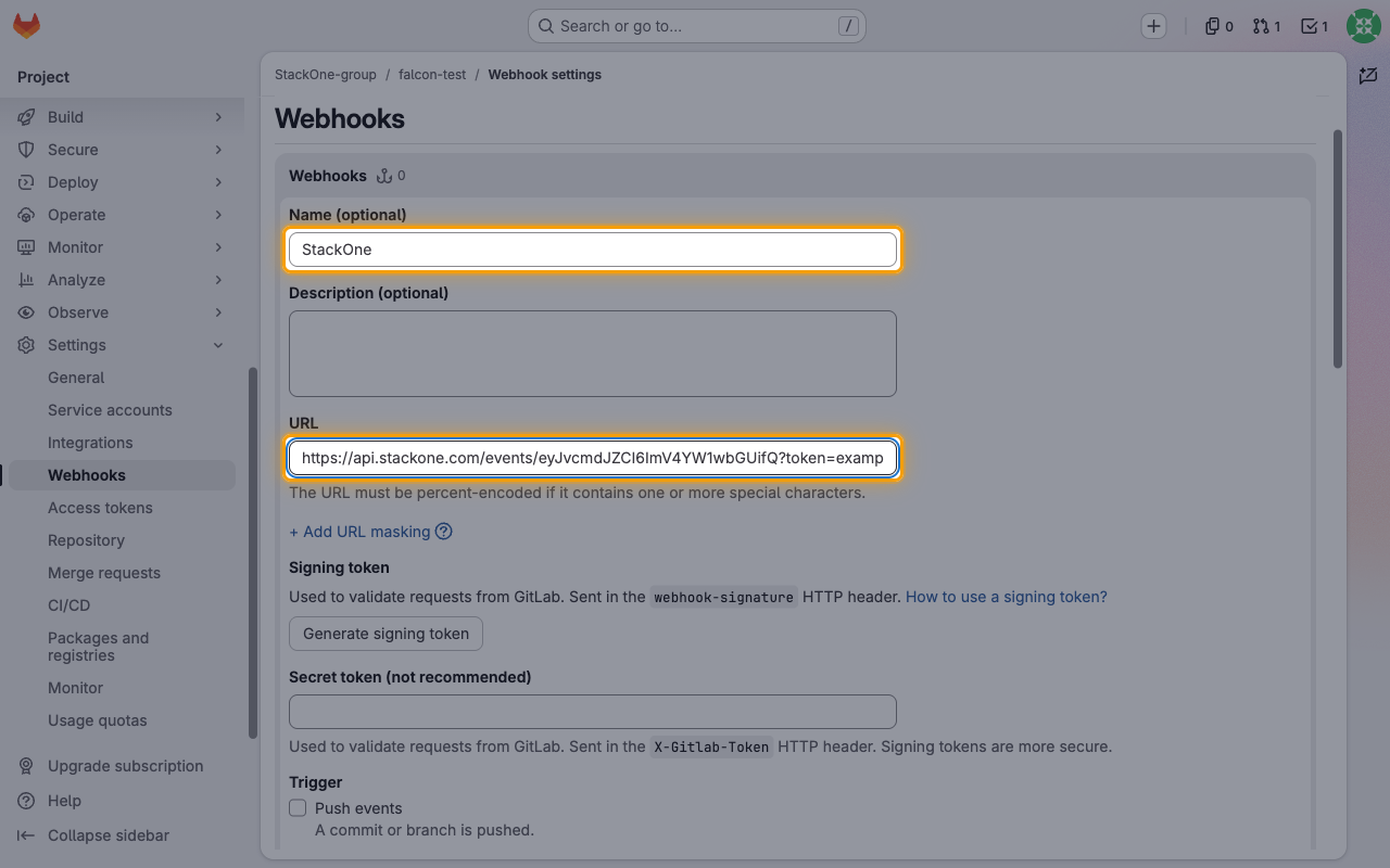 The Add new webhook form with the Name and URL fields highlighted