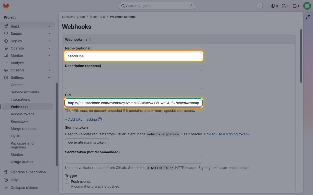 The Add new webhook form with the Name and URL fields highlighted