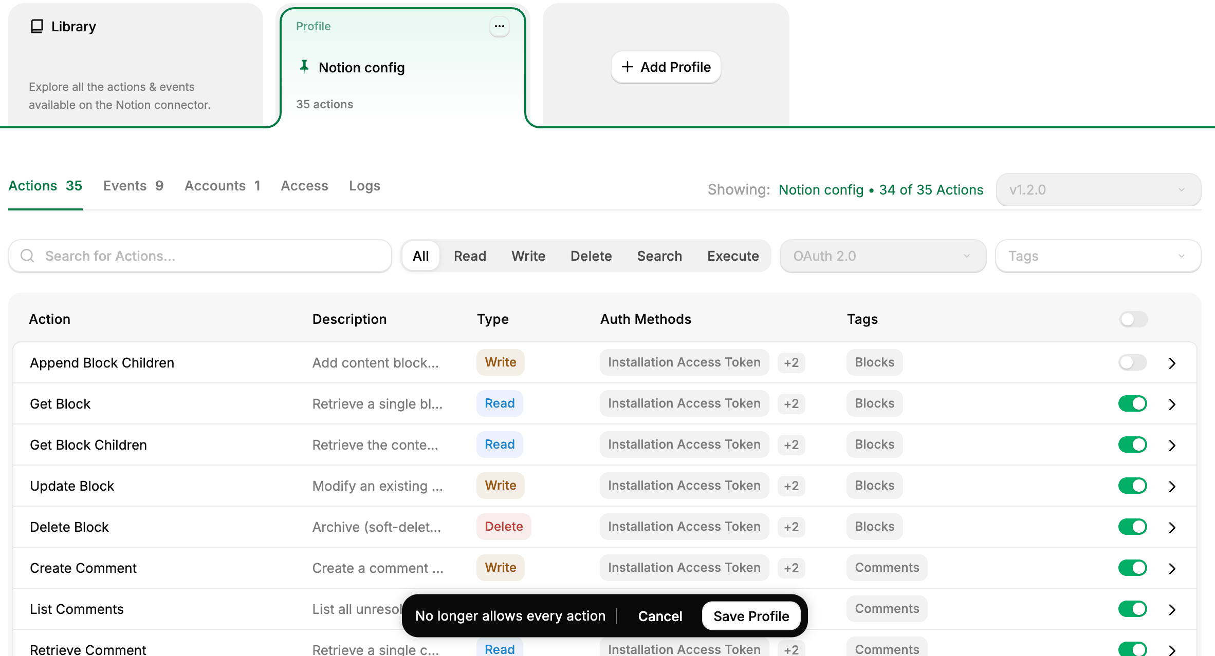 A Notion profile's Actions tab with one action switched off and a bar at the bottom offering Cancel and Save Profile