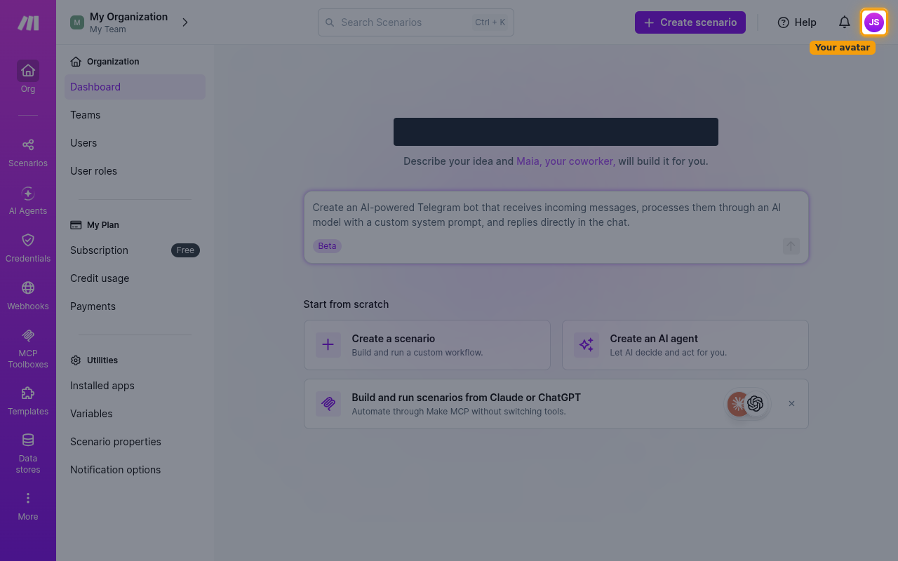 The Make dashboard with the avatar in the top-right corner highlighted
