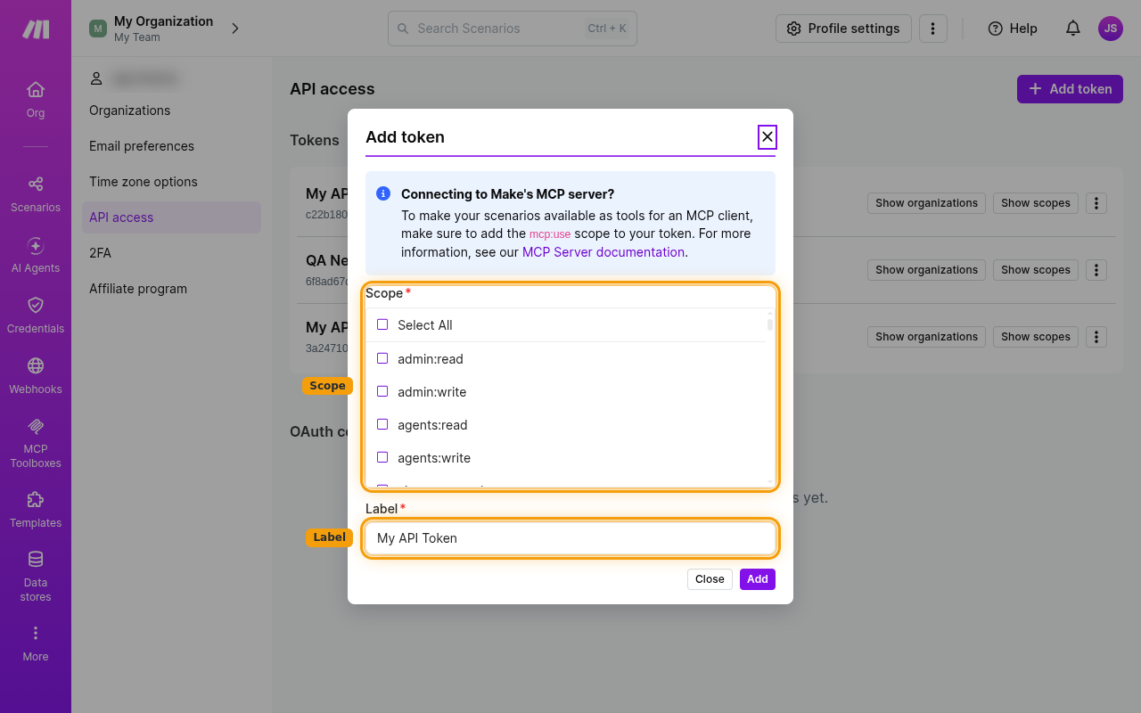 The Make Add token dialog with the Scope list and the Label field highlighted
