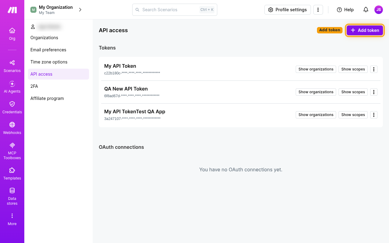 The Make API access page with the Add token button highlighted