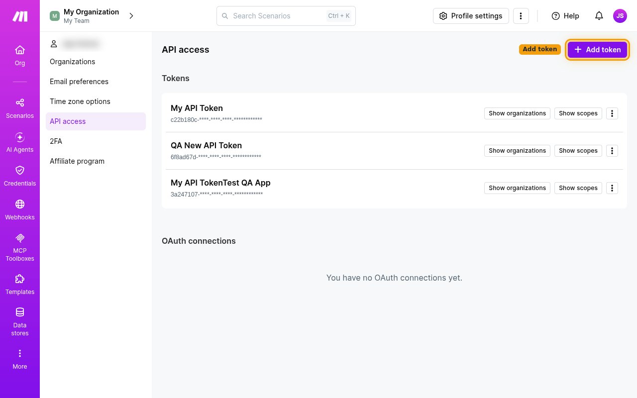 The Make API access page with the Add token button highlighted