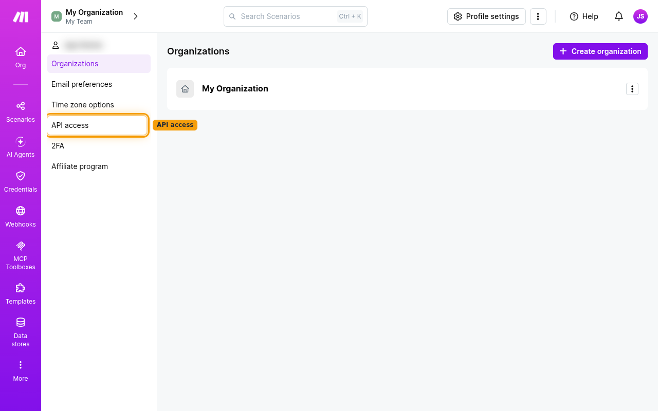 The Make profile settings sidebar with the API access entry highlighted