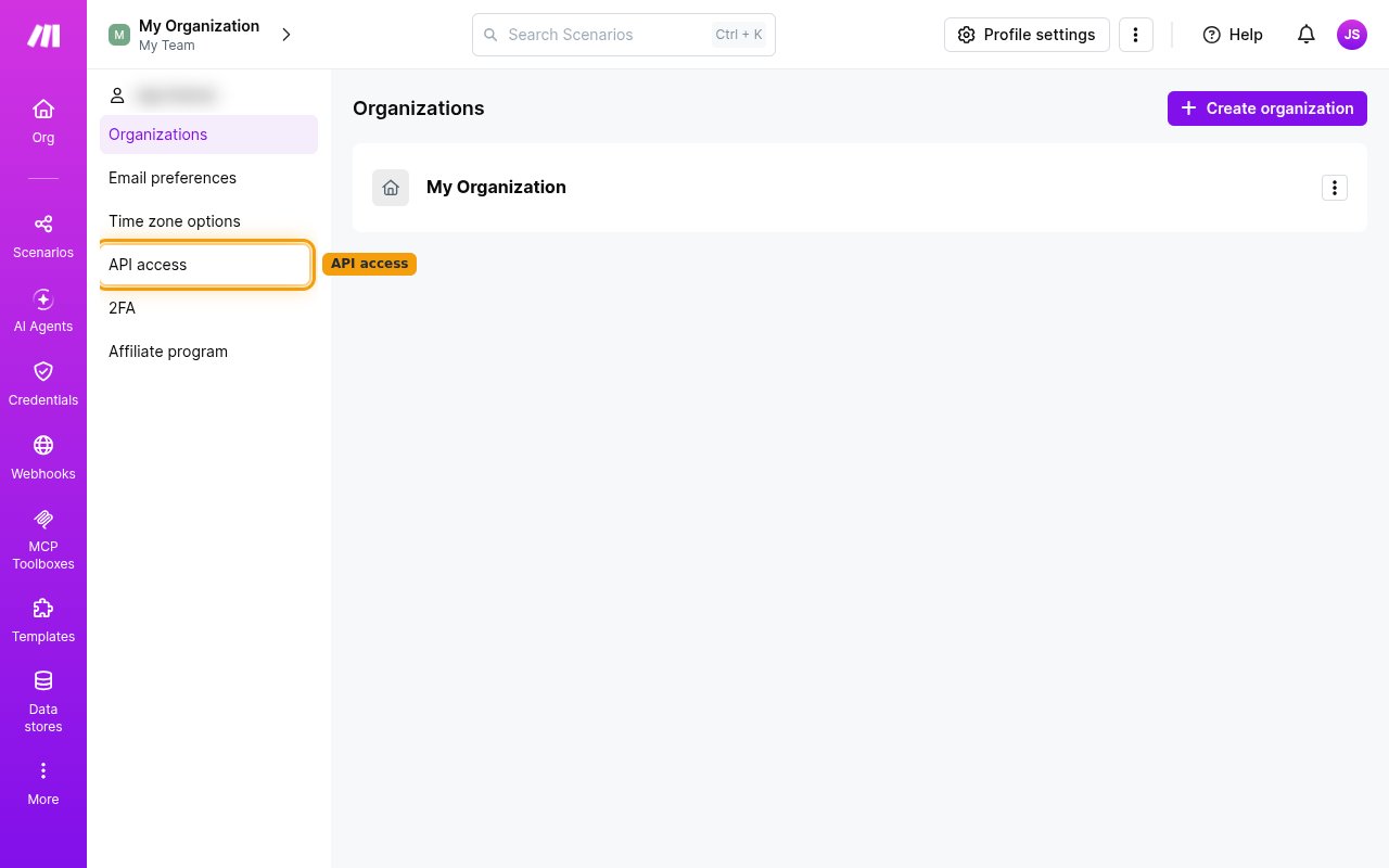The Make profile settings sidebar with the API access entry highlighted