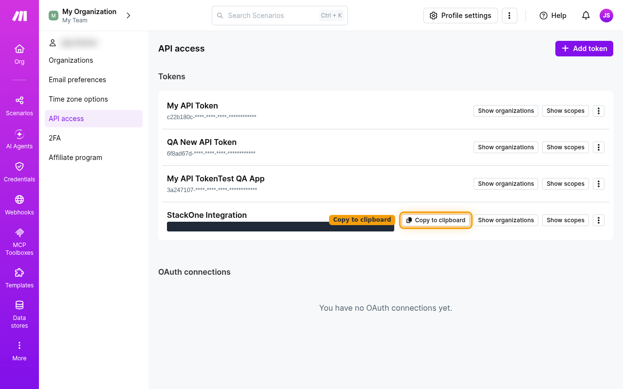 The Make Tokens list showing the new token with its Copy to clipboard button highlighted