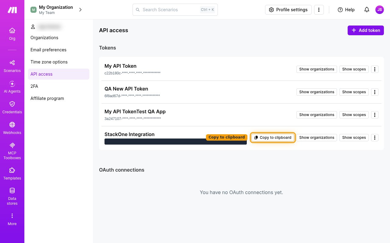 The Make Tokens list showing the new token with its Copy to clipboard button highlighted