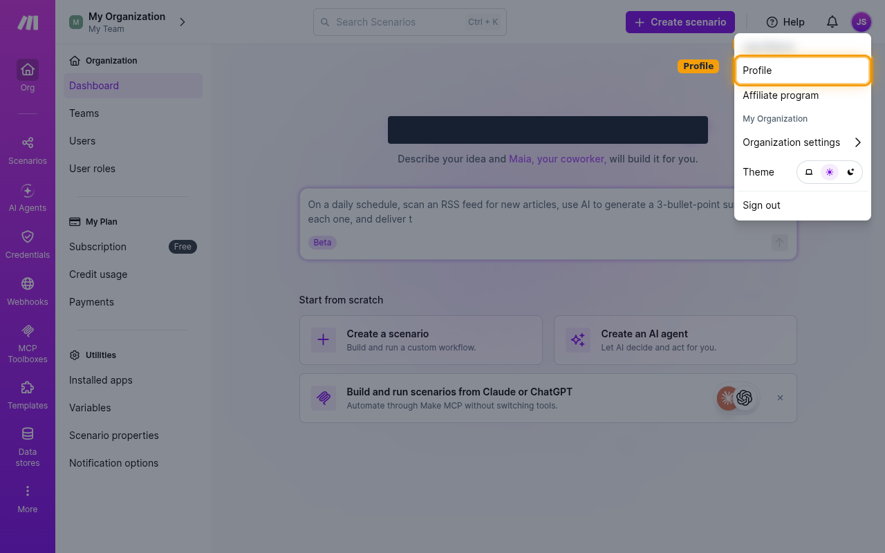 The Make account menu with the Profile entry highlighted