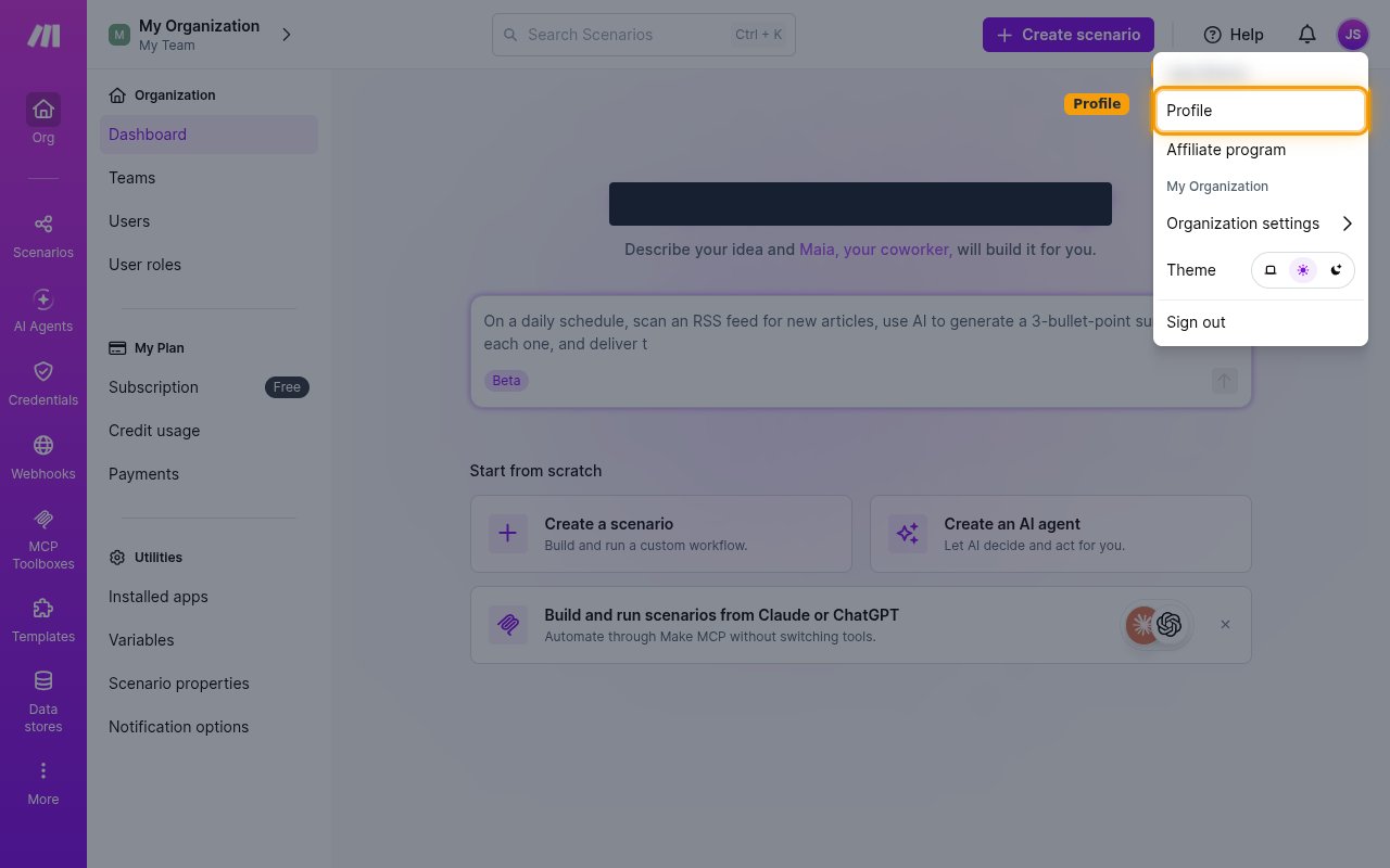 The Make account menu with the Profile entry highlighted