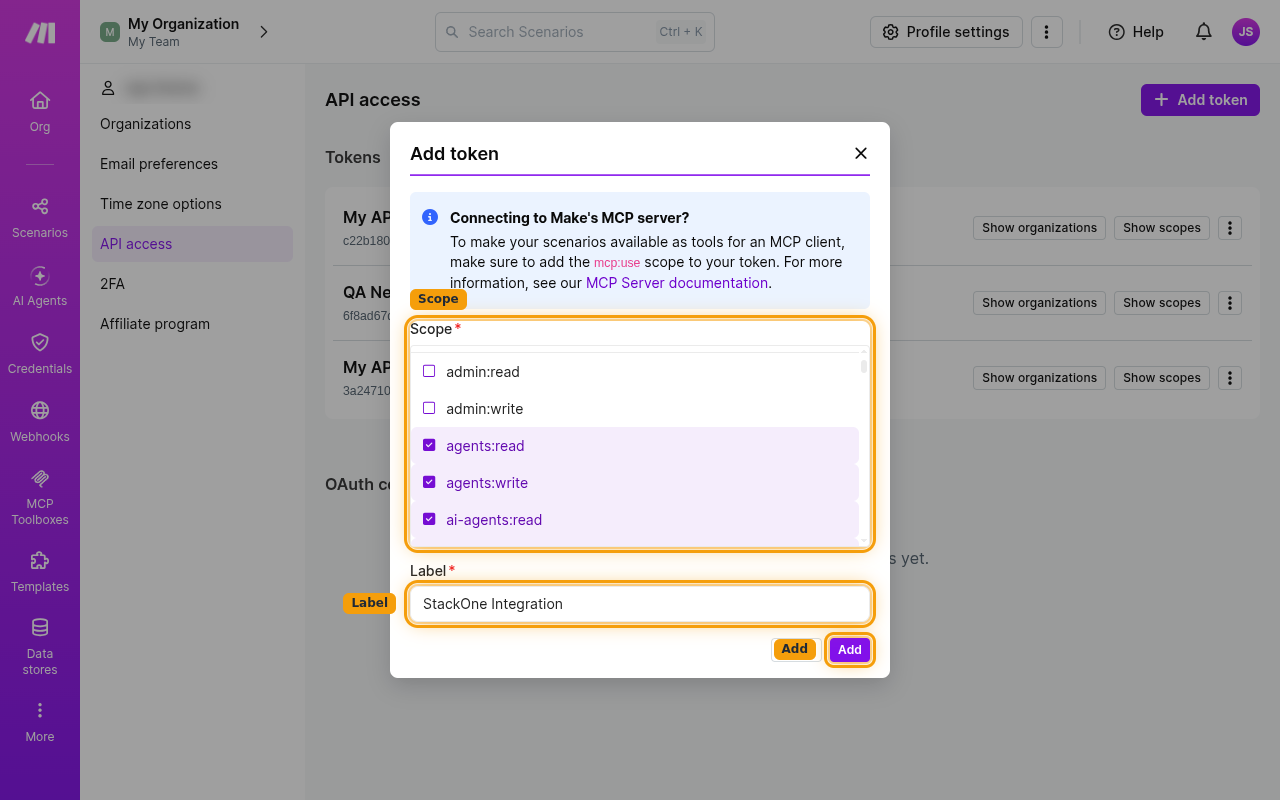 The Add token dialog with scopes ticked, the Label filled in, and the Add button highlighted