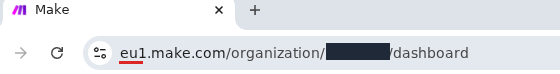 The Make dashboard URL in the browser address bar with the zone underlined