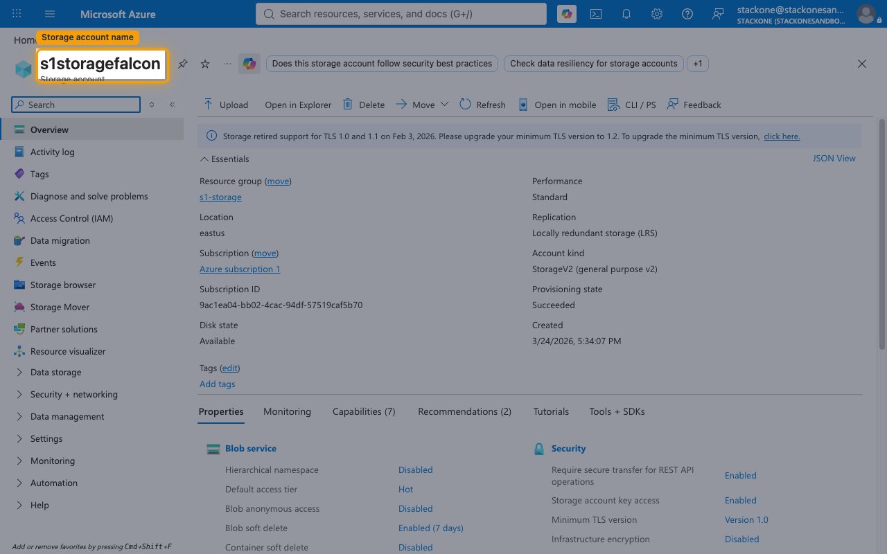 The storage account Overview page with the account name highlighted