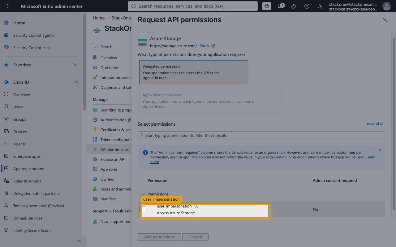The Request API permissions panel with Delegated permissions and user_impersonation selected