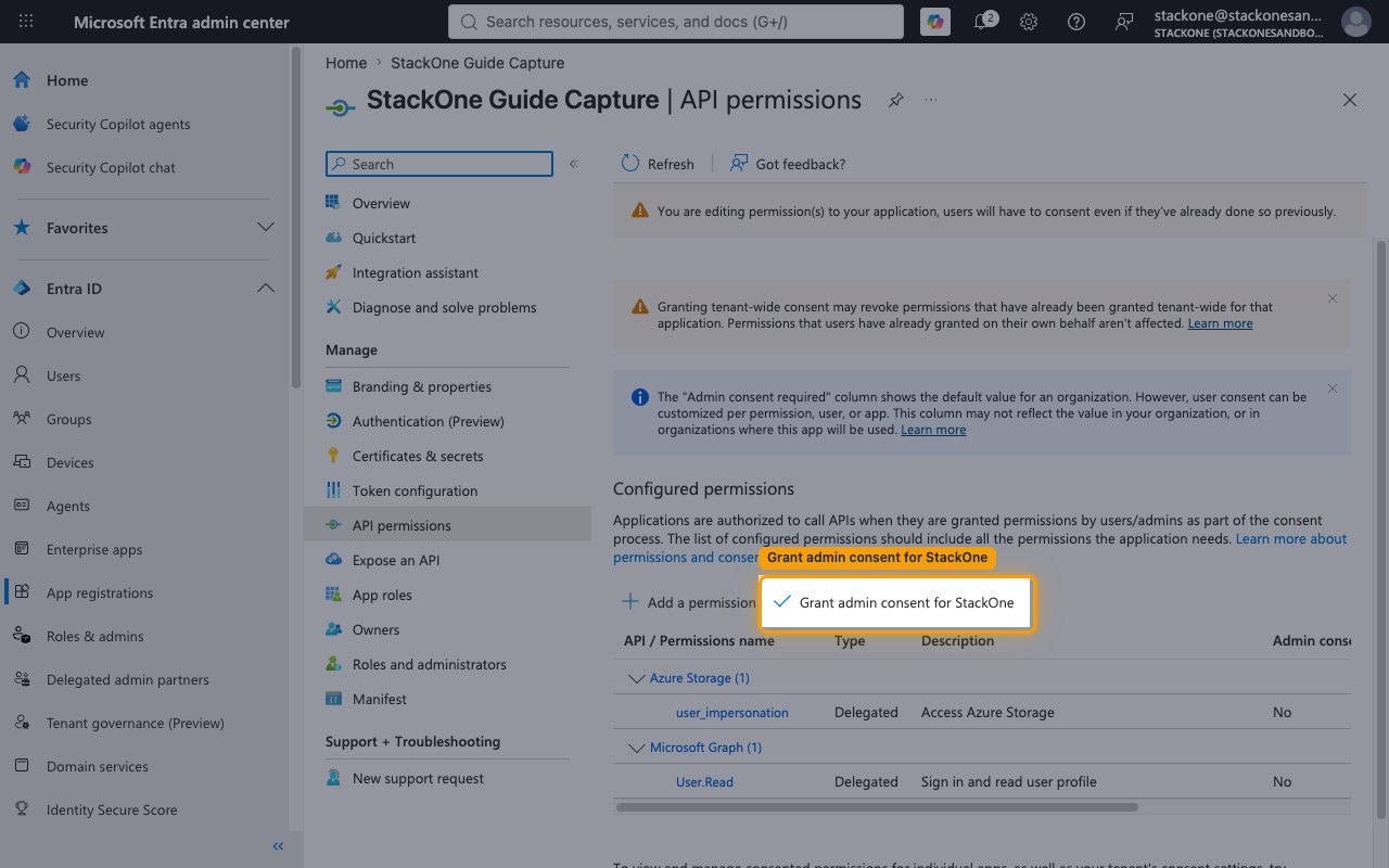 The Configured permissions table with the Grant admin consent button highlighted