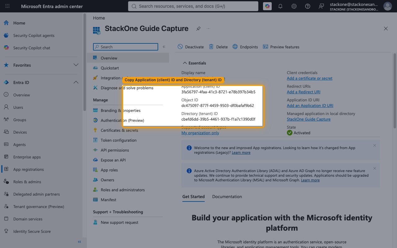 The app Overview page showing the Application (client) ID and Directory (tenant) ID