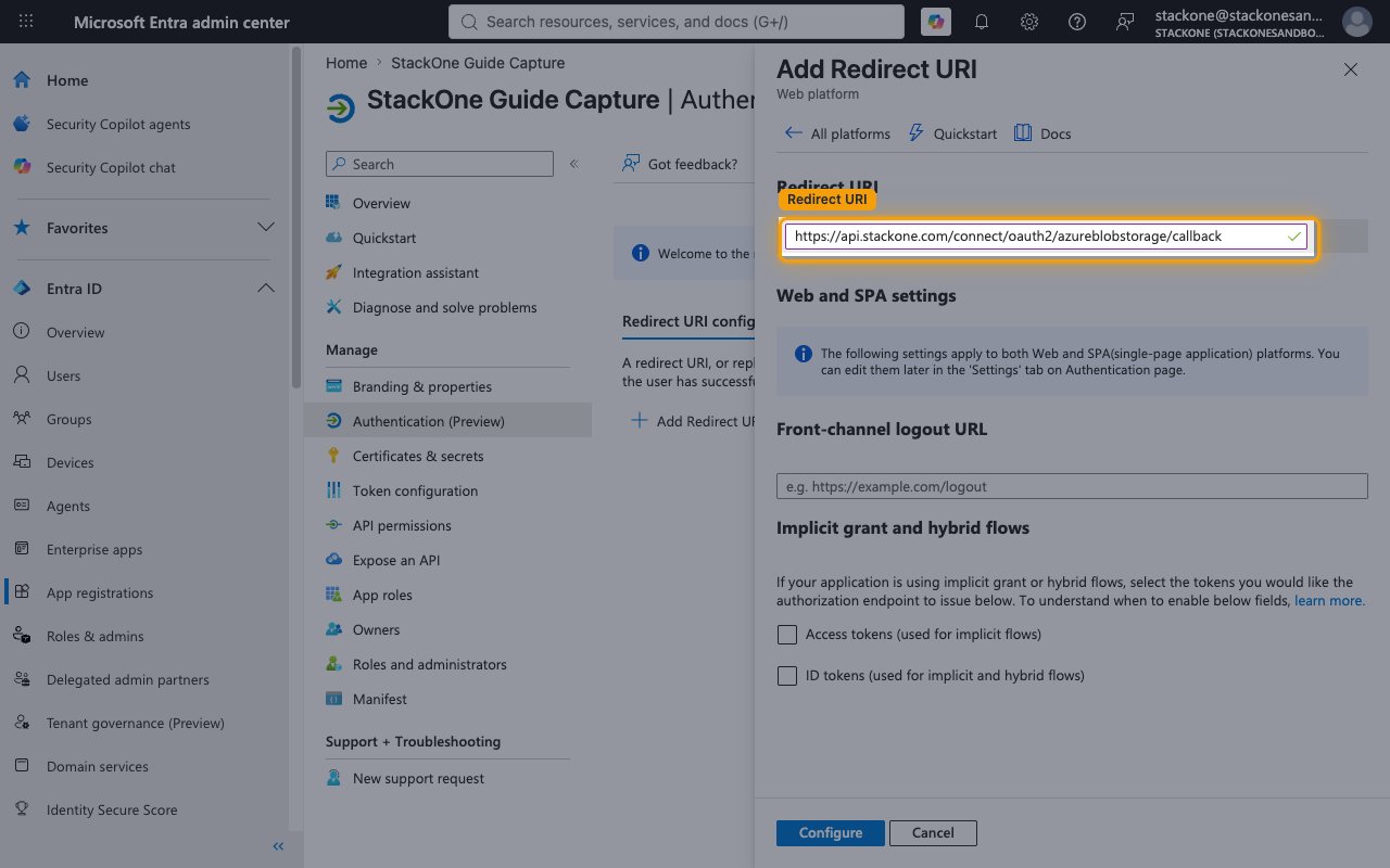The Add Redirect URI panel with the Web platform and the StackOne callback URL entered