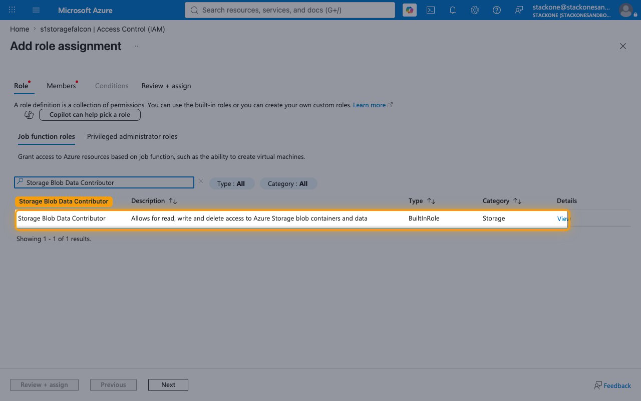 The Add role assignment blade with the Storage Blob Data Contributor role selected