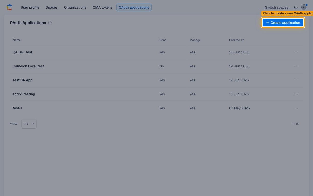 OAuth Applications page with Create application button highlighted