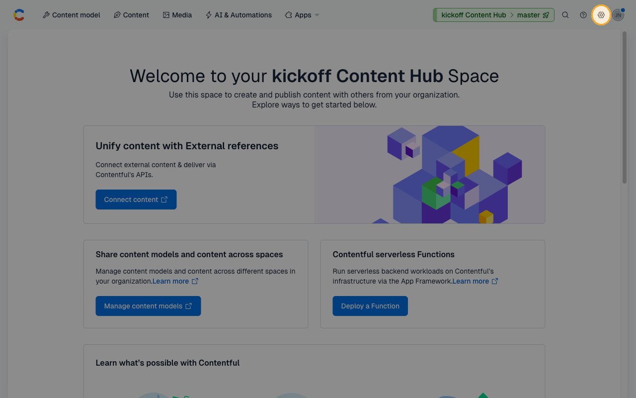 Contentful home page with the Settings menu gear icon highlighted in the top-right navigation bar