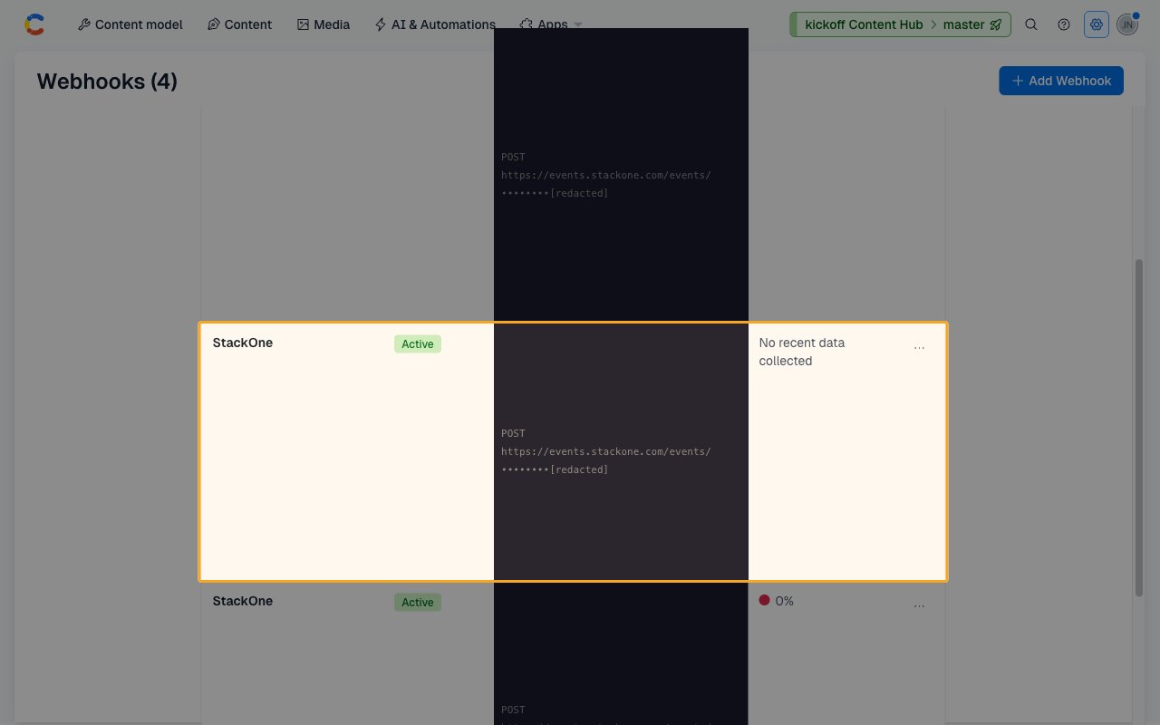 Contentful Webhooks list page showing the StackOne webhook entry with Active status highlighted