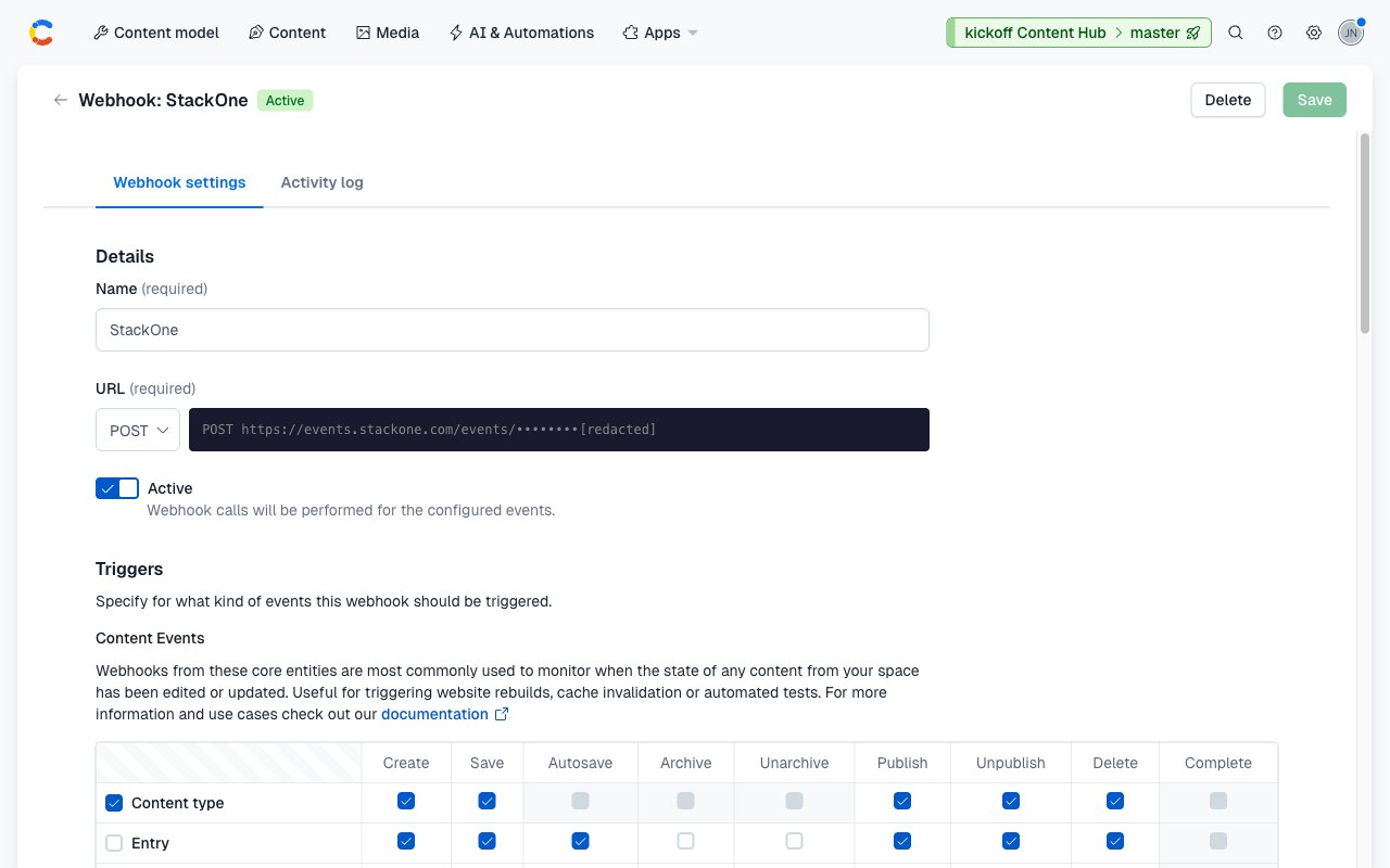 Contentful Webhook settings page for the StackOne webhook showing Name, URL (redacted), and Active checkbox