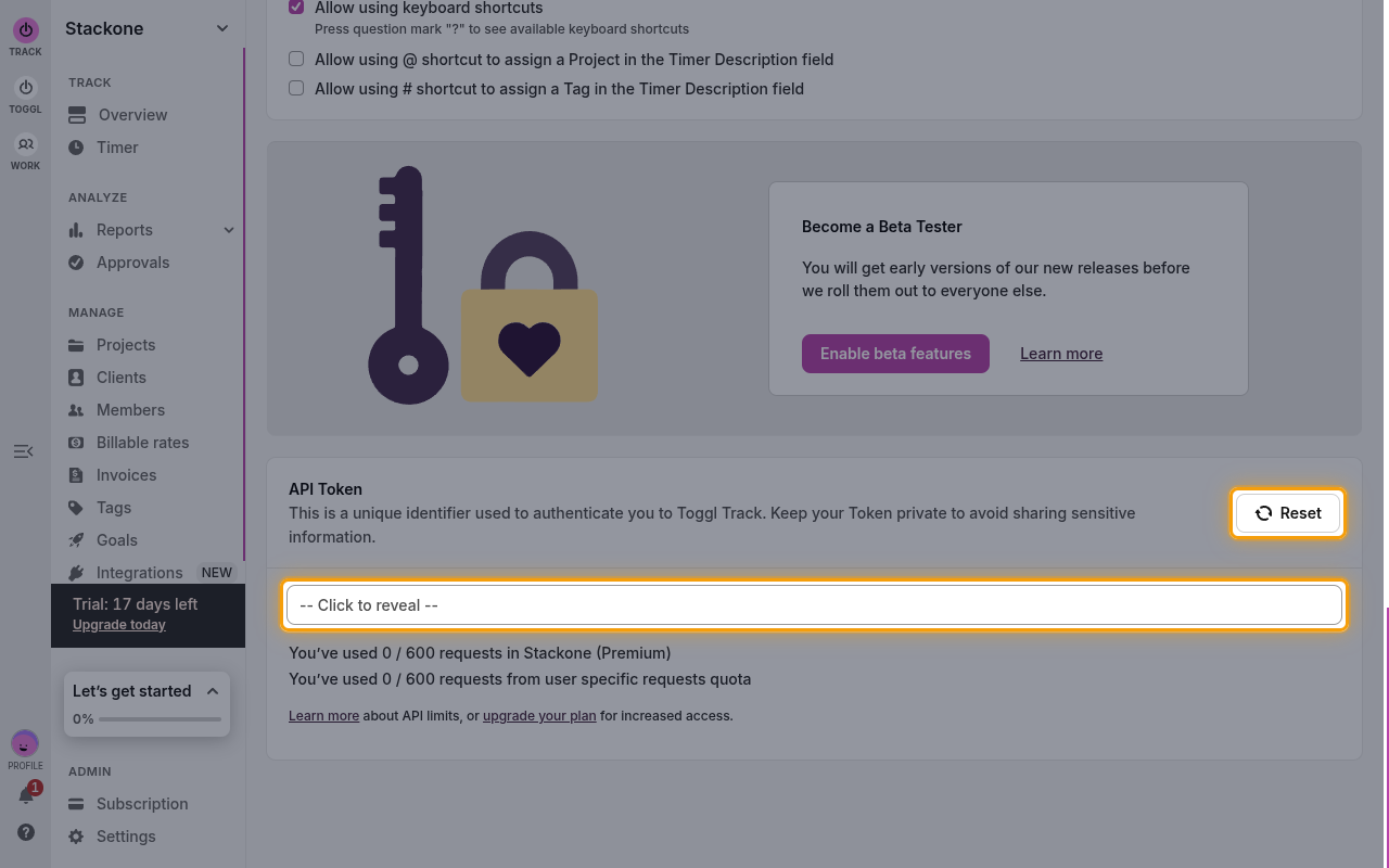 API Token section on the Toggl Track My Profile page with the Click to reveal field and Reset button highlighted