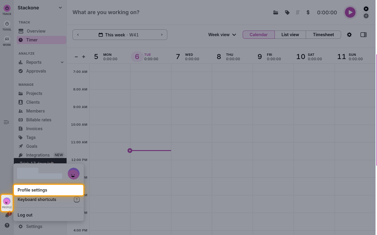 Toggl Track profile menu open from the left sidebar with Profile settings highlighted