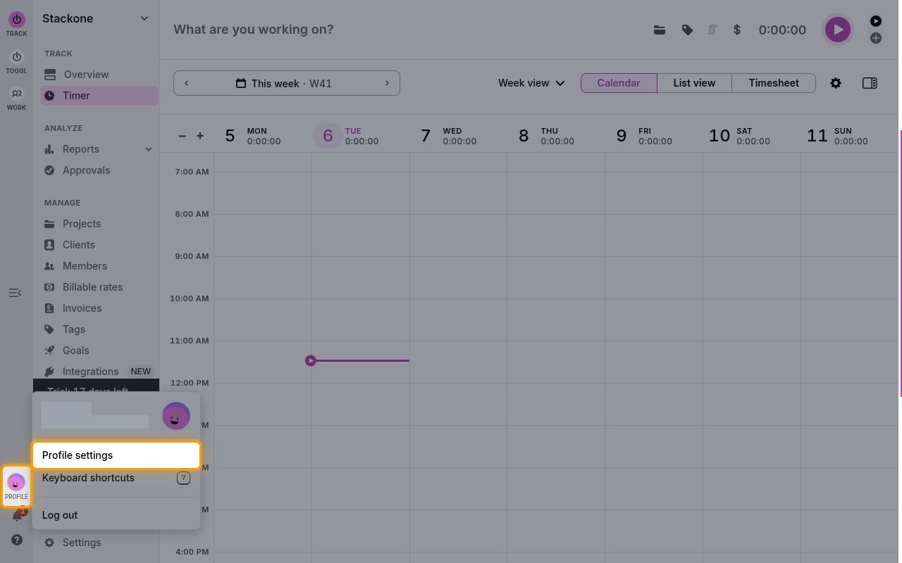 Toggl Track profile menu open from the left sidebar with Profile settings highlighted