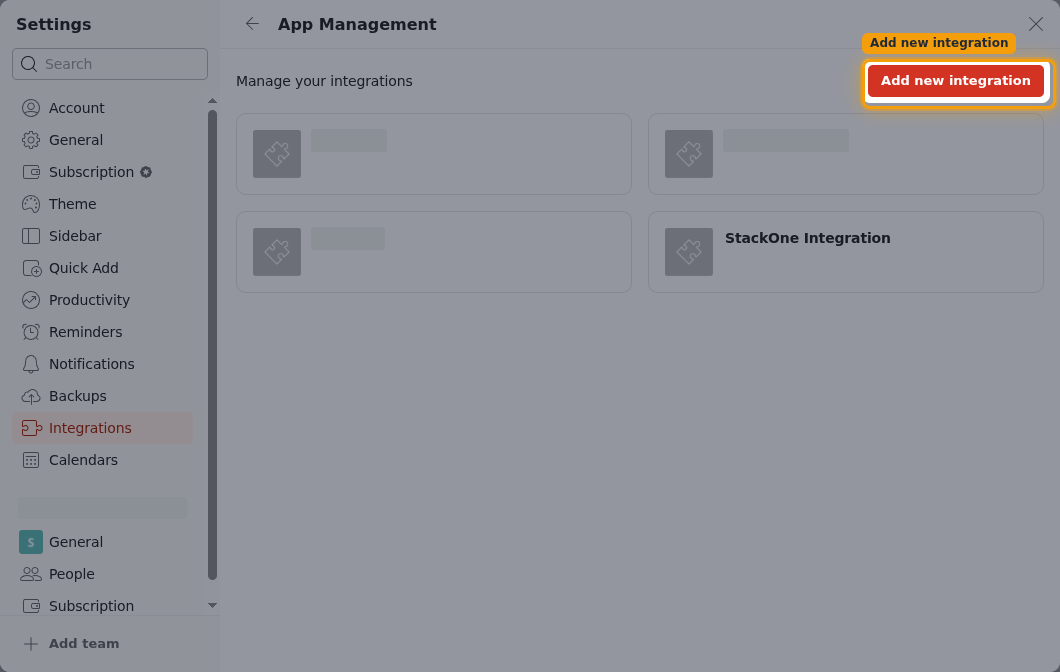 The App Management page with the Add new integration button highlighted