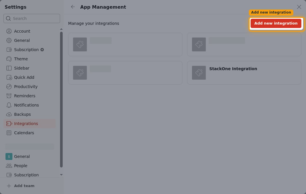 The App Management page with the Add new integration button highlighted