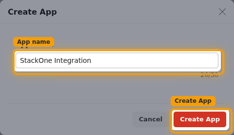 The Create App dialog with the App name field filled in and the Create App button highlighted