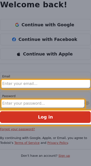 The Todoist sign-in page with the Email and Password fields and the Log in button highlighted