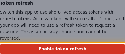 The Token refresh section with the Enable token refresh button highlighted