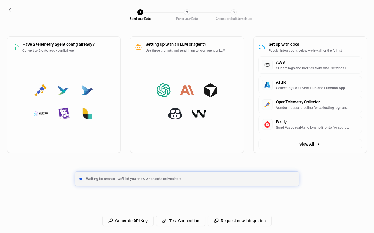 Bronto onboarding wizard showing the Send your Data, Parse your Data, and Choose prebuilt templates steps with a Generate API Key button and no Settings menu